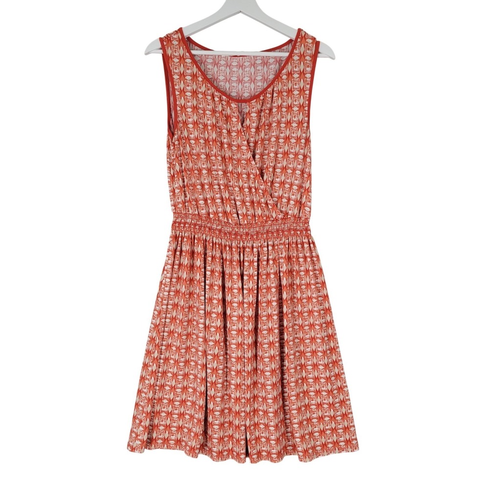 Max Studio Dress Women Small Orange Geometric Smocked Waist Sleeveless 4903W53